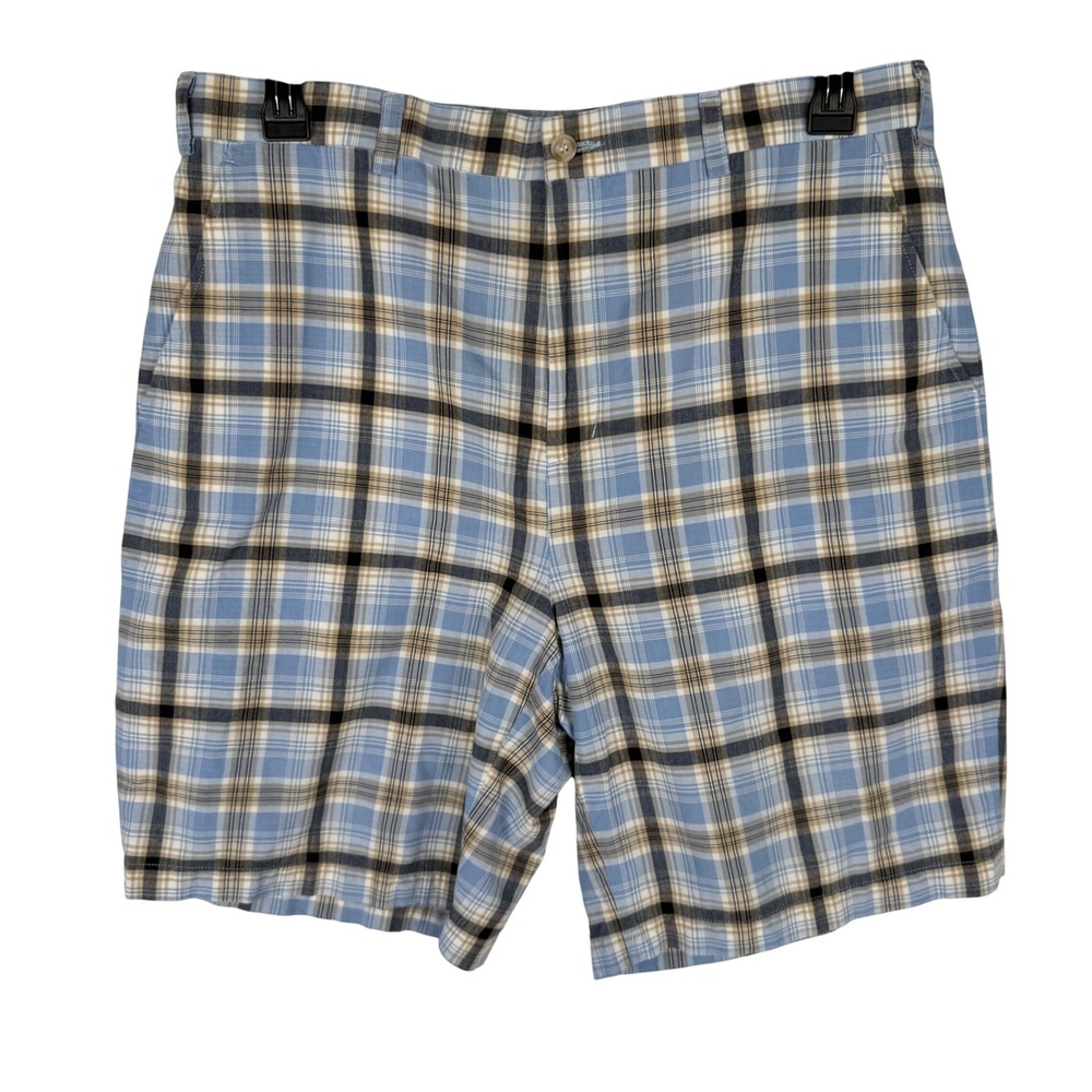 Bobby Jones Plaid Golf Shorts Mens Size 36 Cotton Flat Front ‎ Blue Brown 9"
